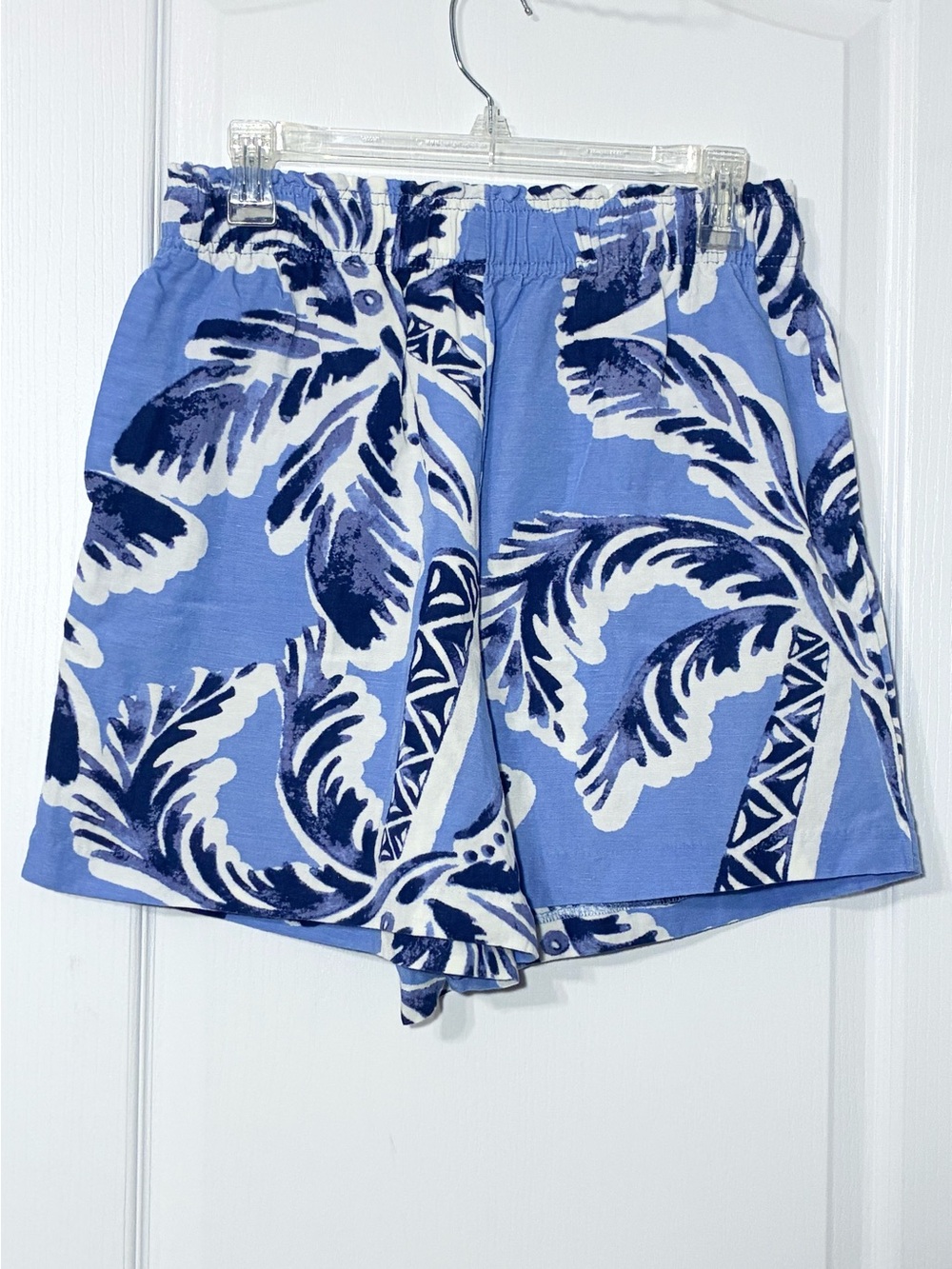 H&M LINEN Blend Palm Tree Tropical Print Pull On Shorts Blue White Size Medium
